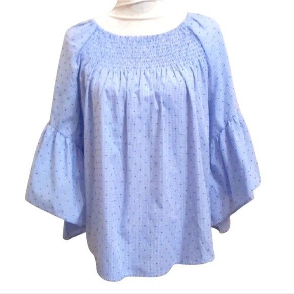 Boho Blue Bell Sleeve Smocked Flocked Blouse Sz S/P - Picture 1 of 7